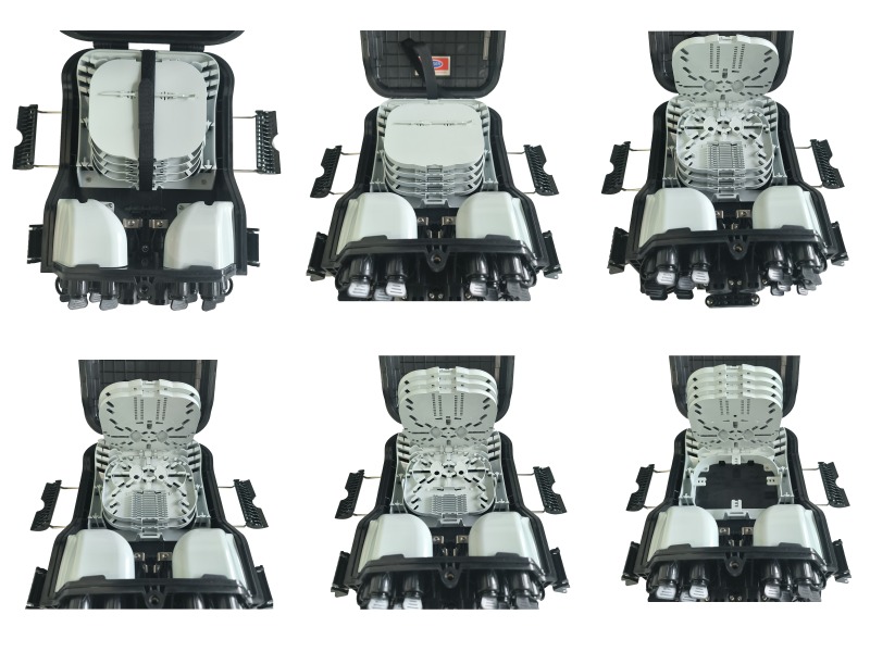 Multi-angle views of outdoor pole-mounted fiber distribution closure
