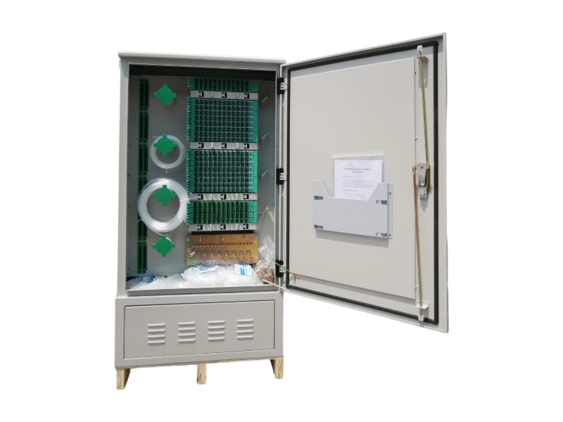 Fiber distribution cabinet internal routing and cable management system.