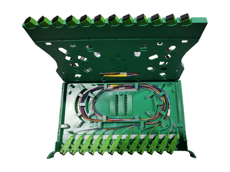 Cassette type splitters  and pigtails inside fiber distribution cabinet