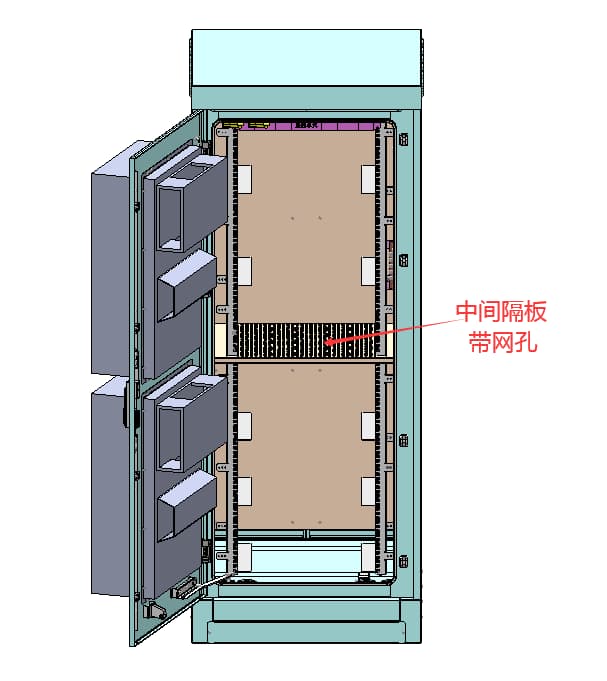  Technical diagram text indicating a middle partition with mesh holes (perforated middle shelf) for a cabinet.